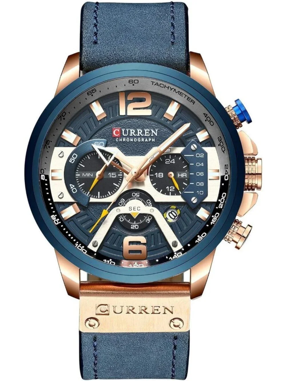 Men's Blue Rose Gold Analog Waterproof Leather Strap Chronograph Luxury Watch